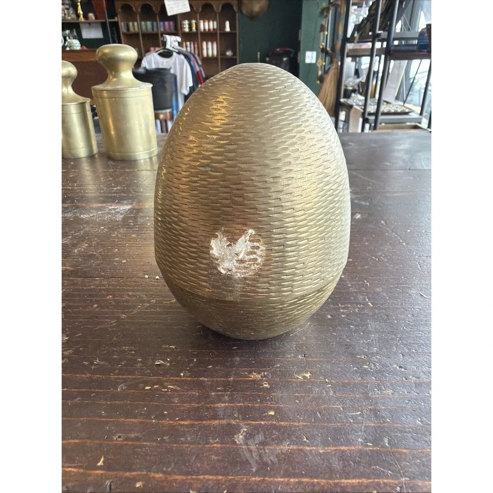 Vintage Solid Brass Freestanding Etched Egg Trinket Box